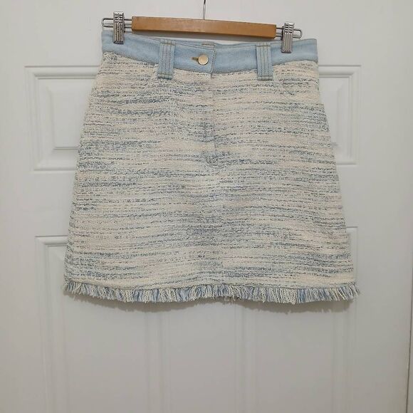 Sandro paris  womens small tweed mini skirt beige cream blue fringe - Picture 1 of 7